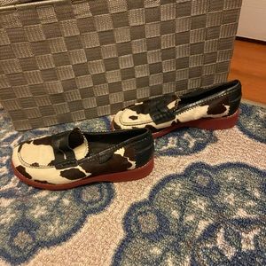 Donald Pliner cow printed furry shoe